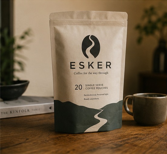 Photorealistic Esker Coffee twenty-pouch pack with the approved logo