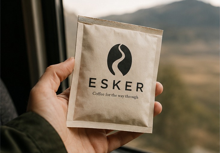 A hand holding an Esker Coffee single-serve pouch beside an open vehicle with mountains beyond