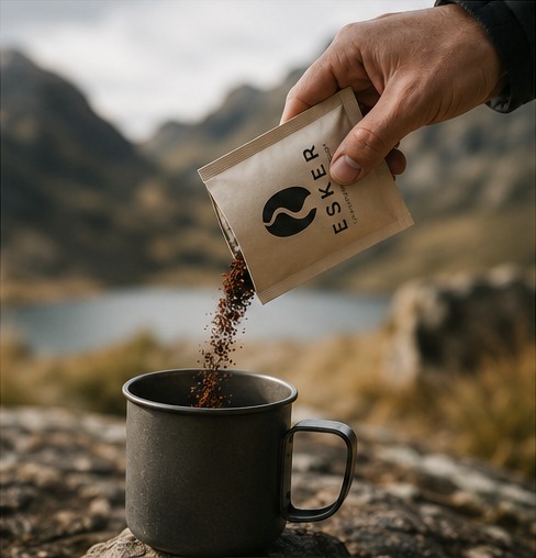 An Esker Coffee pouch being poured into a camping mug beside a mountain lake